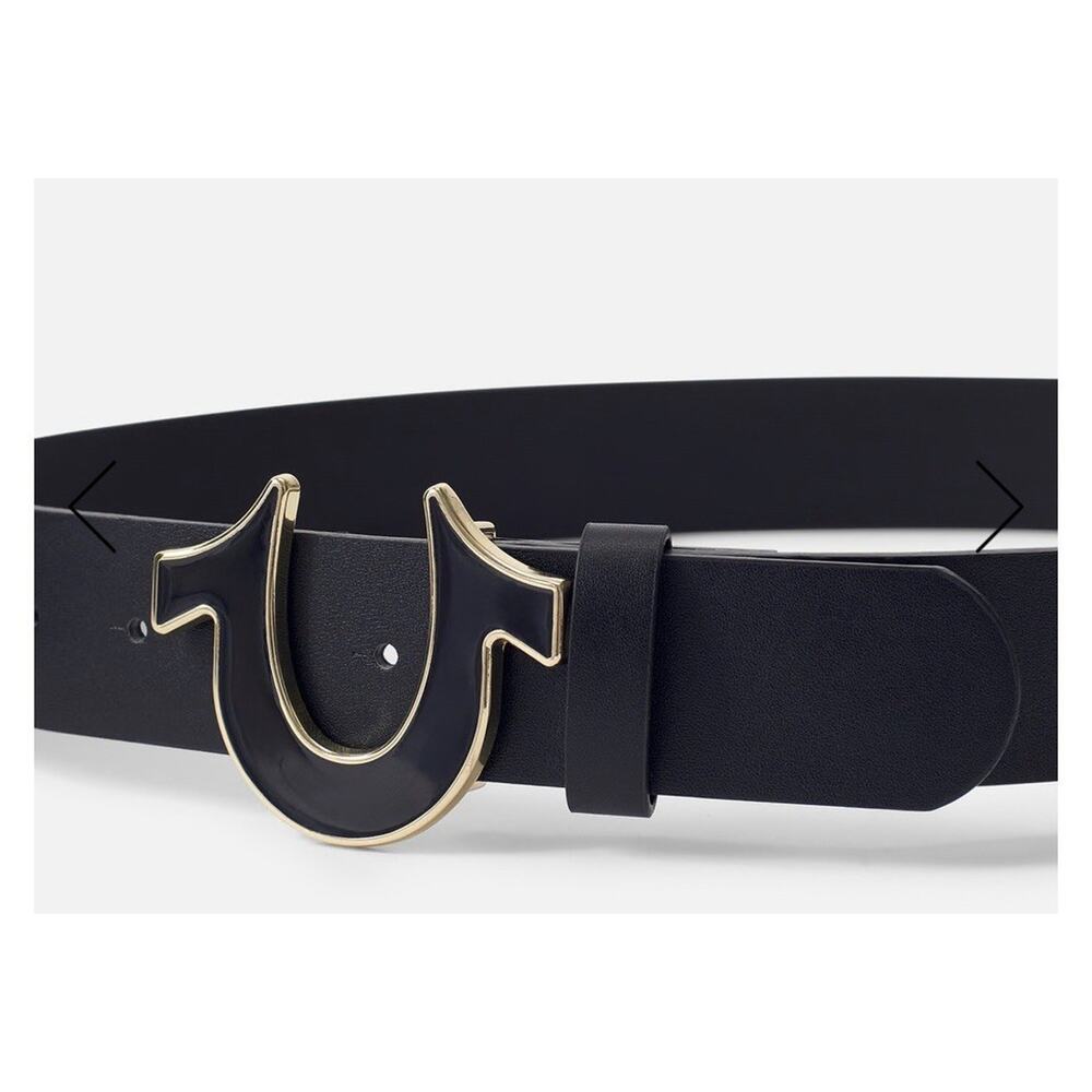 True Religion Mens Belt Size 34 Sage II Enamel Horseshoe Black/Gold Buckle New